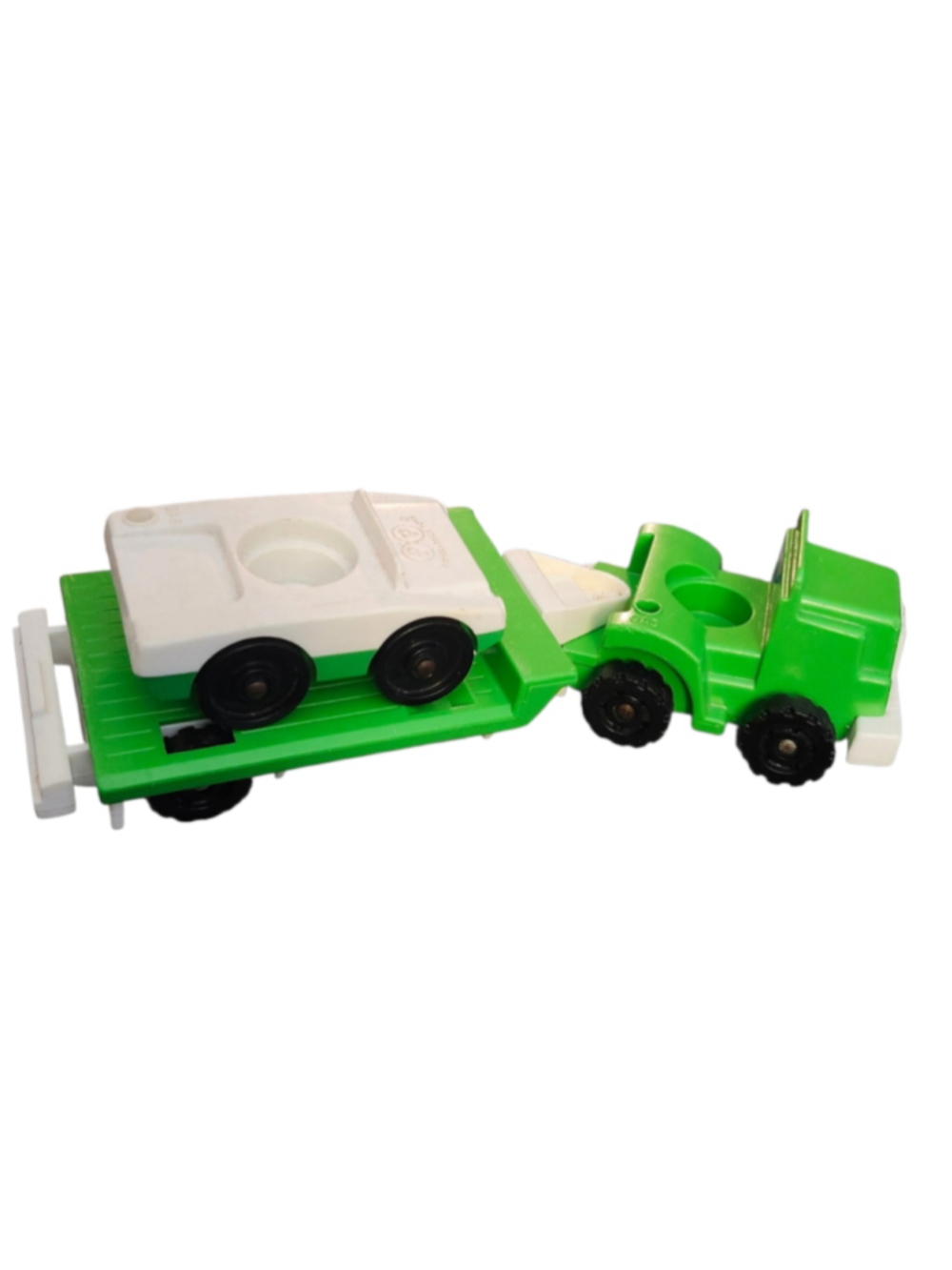 Vintage Fisher-Price Little People Green Semi Truck Hauler Flatbed Trailer & Car